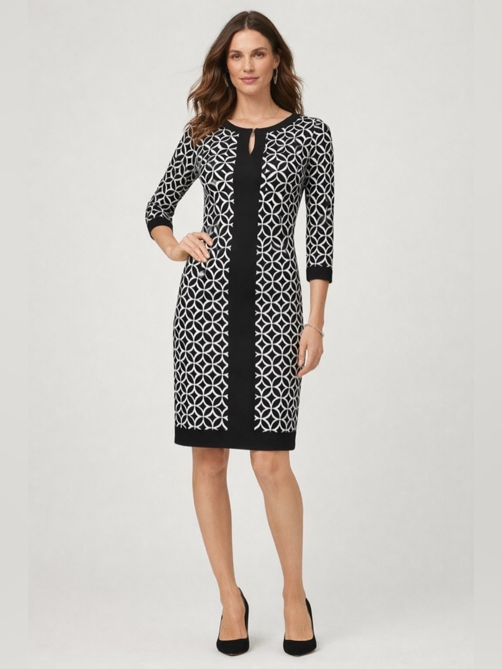 White House Black Market Black White Geometric Sheath Dress 3/4 Sleeve Stretch